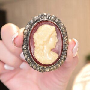Vintage Brass Cameo Brooch Red Background Collectible Costume Jewelry